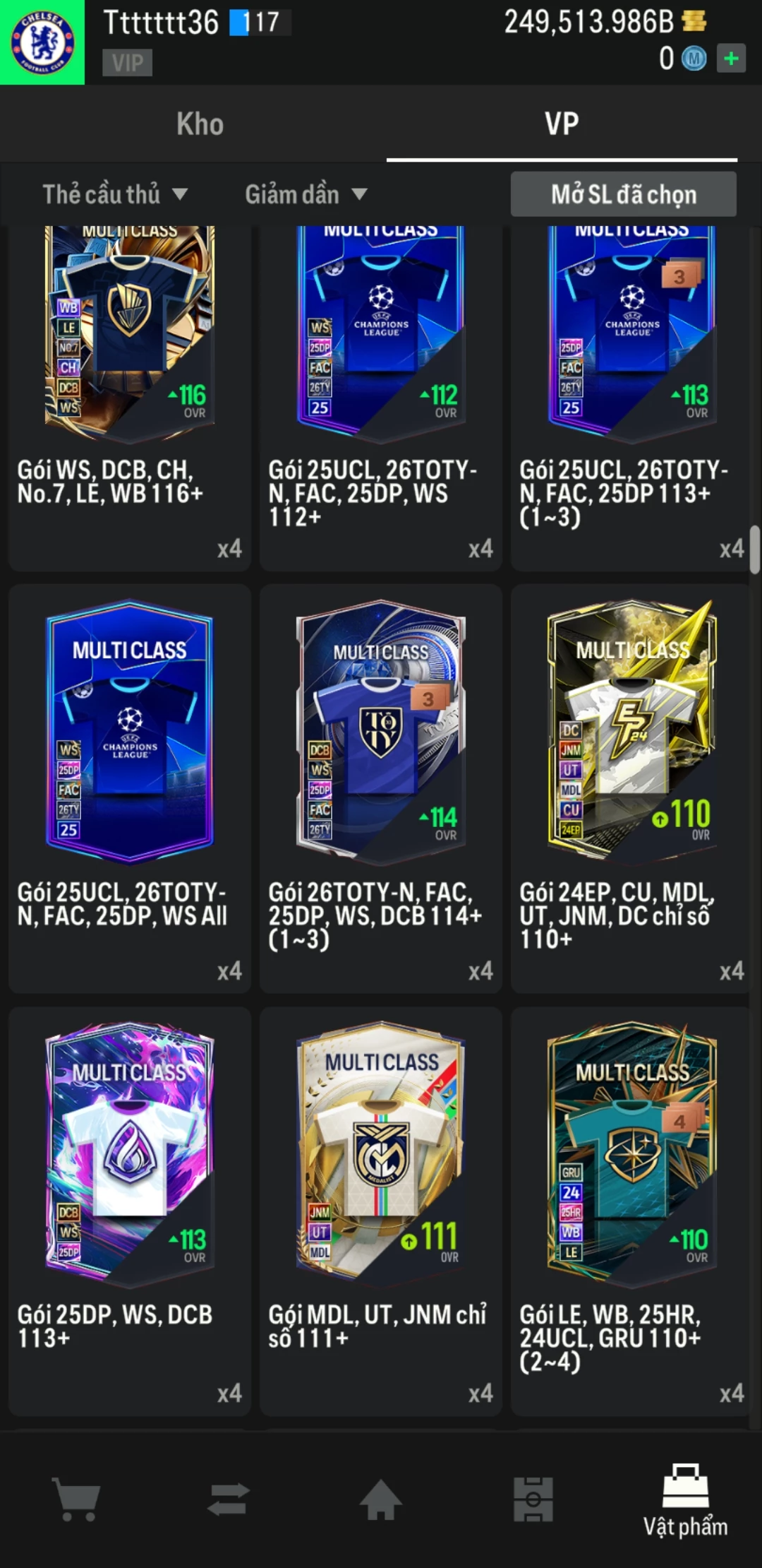 Ảnh ACC mở thẻ (LOẠI SVIP PROMAX) bao gồm có 02 thẻ +12, 04 thẻ PRIME (QH+, CP+, XS+, HĐ+) và hơn 1600+ thẻ cầu thủ từ Siêu sao đến Miền núi các loại. Acc có sẵn BP trắng từ 230.000 tỷ BP đến 250.000 tỷ BP kèm theo nhiều ngày SVIP